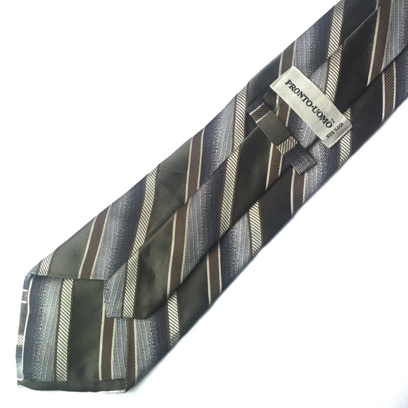PRONTO UOMO Silk Tie Olive Gray and White Striped - Picture 3 of 8
